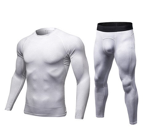 The Compression Cool Dry Sports Tights set features a white textured long-sleeve shirt and matching leggings, both in quick dry fabric, shown side by side on invisible mannequins with the shirt left and leggings right.