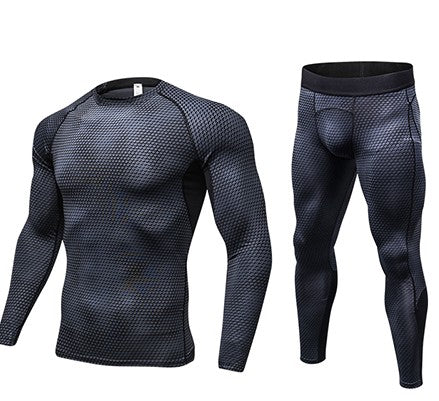 The Compression Cool Dry Sports Tights set includes black, textured athletic wear—a long-sleeve compression shirt and matching leggings made from quick-dry fabric—shown on a white background.